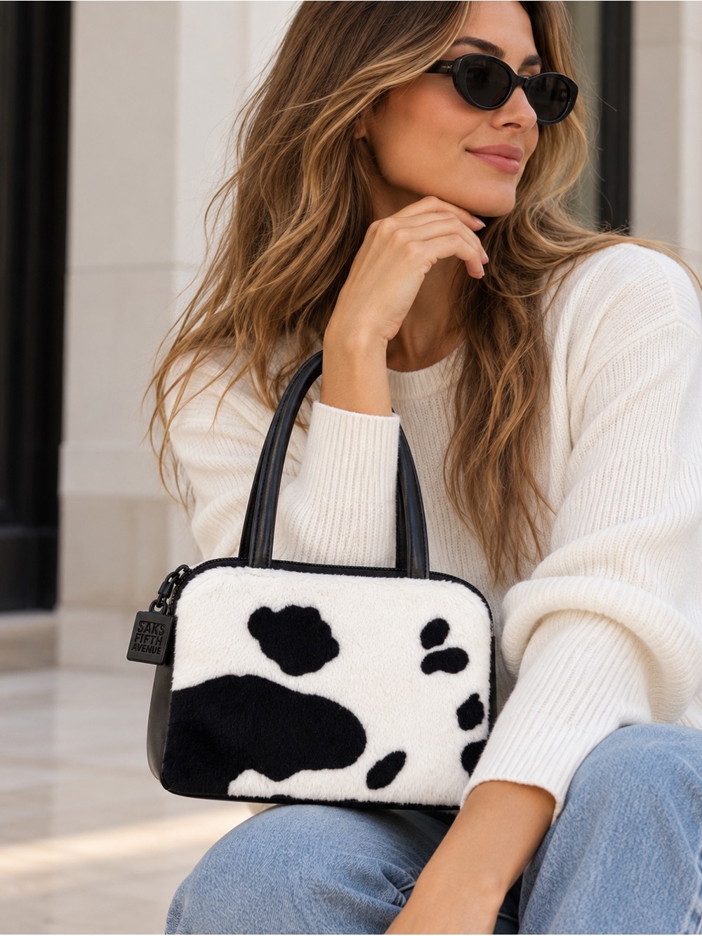 NWOT Saks Fifth Avenue Cow Animal Print Faux Fur Mini Handbag Y2K Black White 00